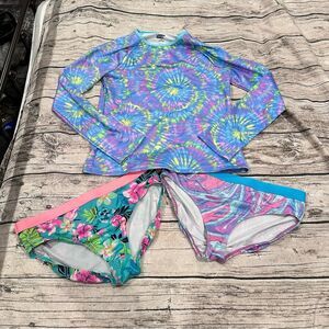 Lands' End Kids Swim 3 Piece Rashguard Set - Blue and Pink Tie-Dye Size 16